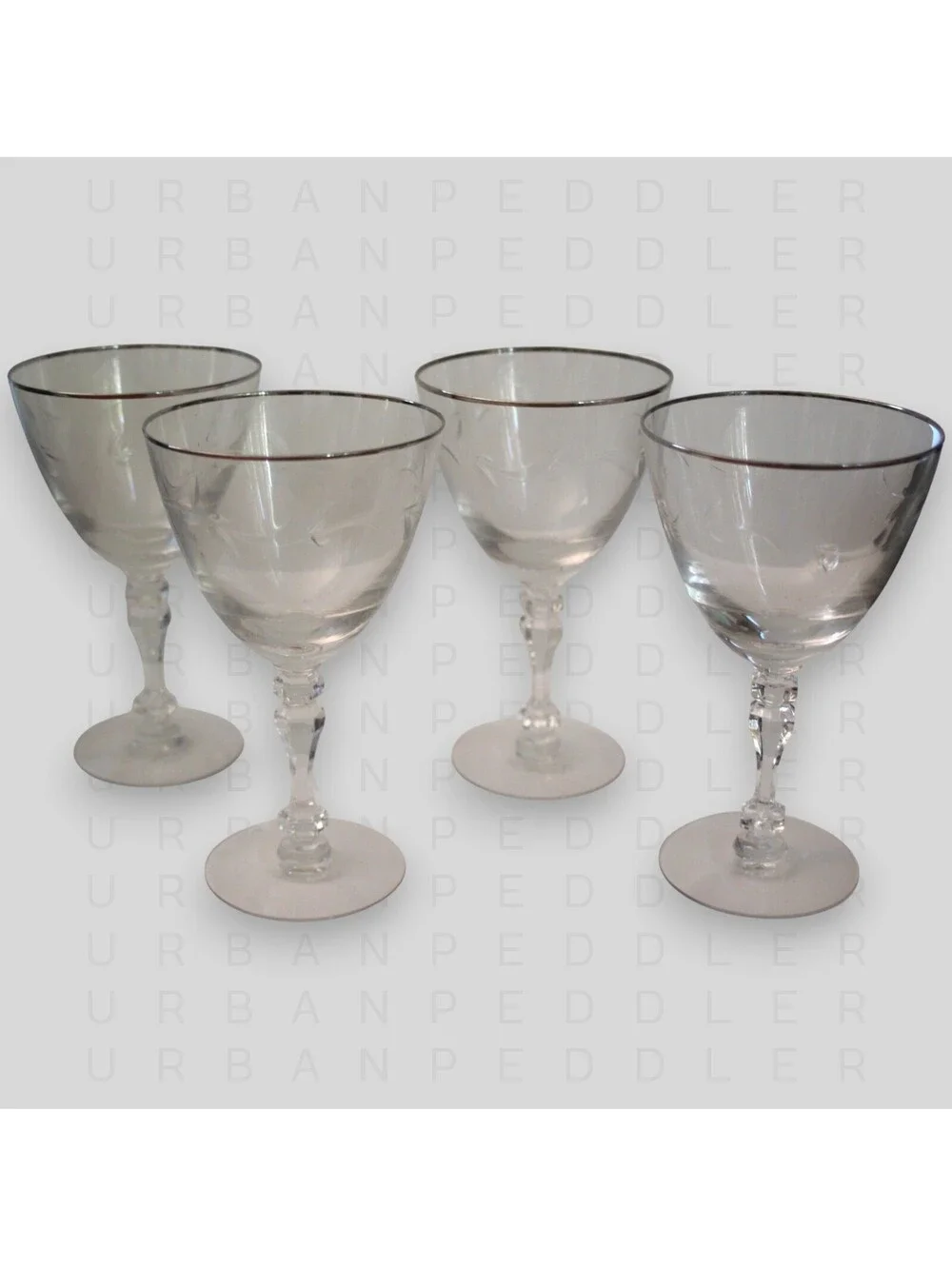 TIFFIN-FRANCISCAN Carillon Set/4 Water Glass Goblet*Crystal*Platinum*Vine*VTG